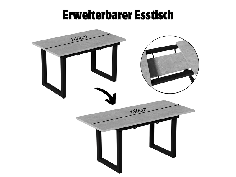  Table à manger extensible 140180 x 80 x 75 cm, effet béton et noir, mdf et métal Fay Lum - Conforama E