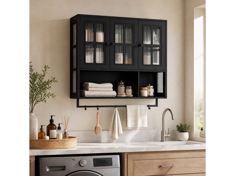 Armoire de salle de bain murale avec 3 portes, niche ouverte et porte-serviettes, en mdf et verre noir, 88 × 26 × 82,5 cm - Conforama C