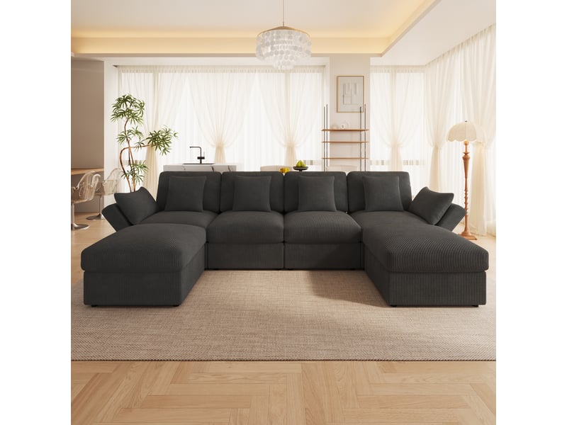  Canapé d’angle modulable 6 places en velours côtelé gris, canapé en u avec poufs et accoudoirs réglables pour salon  - Conforama D