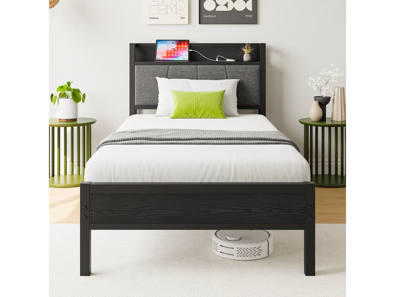  Lit simple 90 × 200 cm avec tête de lit de rangement et espace sous le lit, sans matelas, en métal et mdf, noir  - Conforama C