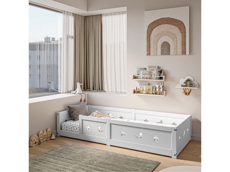  Lit simple enfant  90x200 cm - lit évolutif 90x200cm - lit avec barrière de sécurité - motifs étoiles et lune - lit au sol - structure bois massif - blanc  - Conforama C