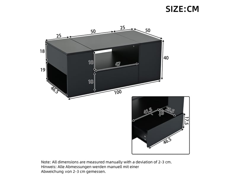  Table basse avec 1 tiroir, 2 portes et 6 niches de rangement, led, finition brillante, pour salon, 100 × 50 × 40 cm  - Conforama D