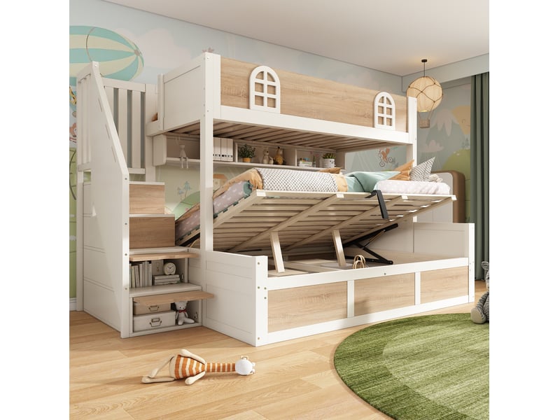  Lit superposé 1 et 2 places 90 × 200 cm et 140 × 200 cm avec coffre, escalier et étagères, sans matelas  - Conforama B