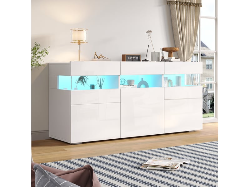 Buffet bas 3 portes blanc brillant avec led et acrylique transparent - 140 x 40,5 x 66,5 cm - Conforama C