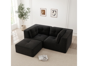 Canapé d'angle, canapé modulable – 2 places, sans cadre, avec repose-pieds, noir, en velours tricoté