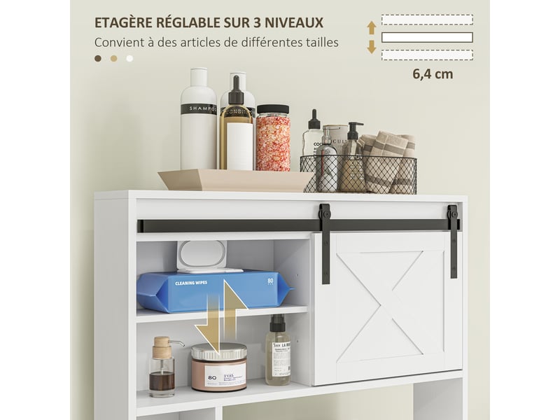  Meuble de rangement au-dessus des toilettes avec porte coulissante, étagère réglable, meuble étagère dessus wc, blanc  - Conforama R