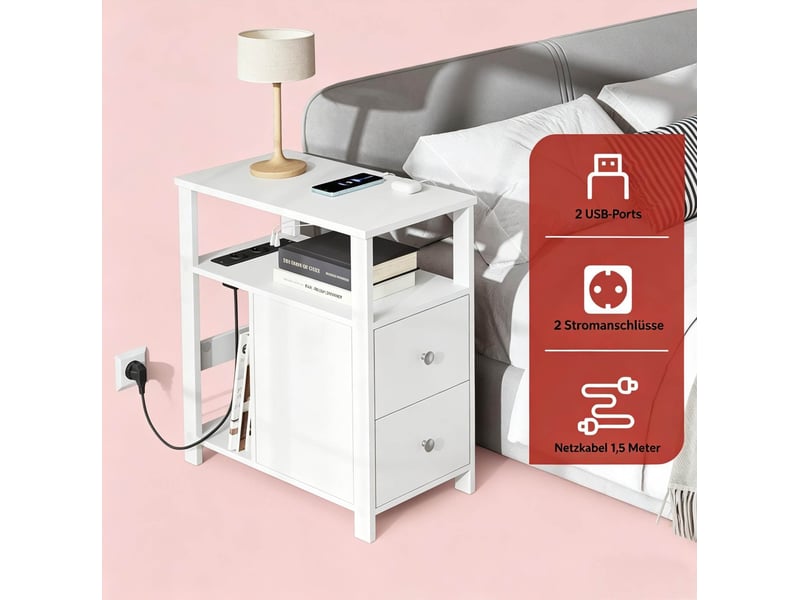  Table basse avec 2 tiroirs, 2 niches ouvertes et prises usb, pour salon et chambre, 60 × 60 × 30 cm  - Conforama E