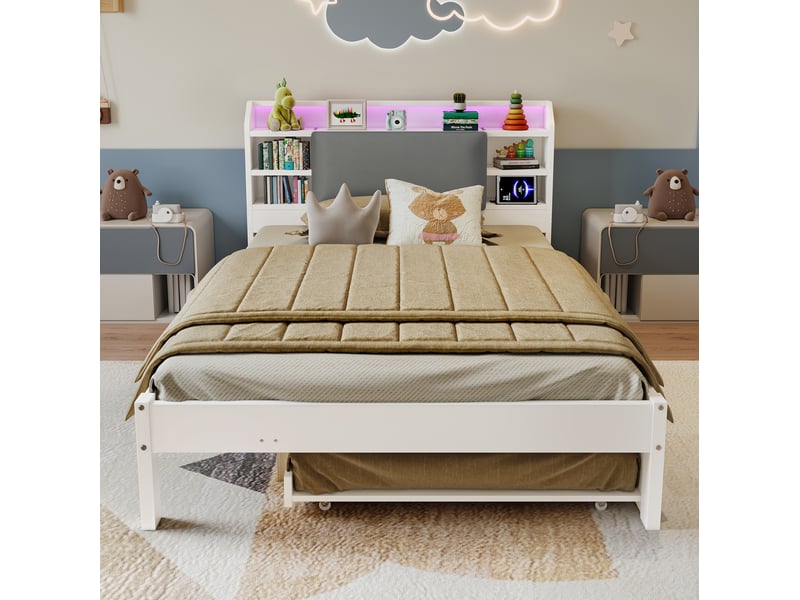  Lit fonctionnel 120x200 cm avec lit gigogne 90x190 cm, blanc, tête de lit led  - Conforama D