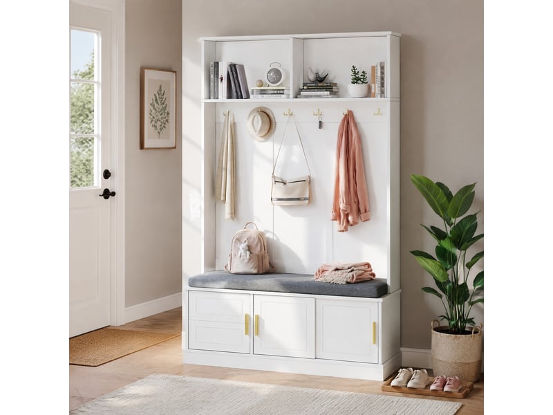  Meuble d'entrée avec 6 crochets, banc et rangement à chaussures, étagère, pour couloir, blanc, 120 × 40 × 191 cm  - Conforama B