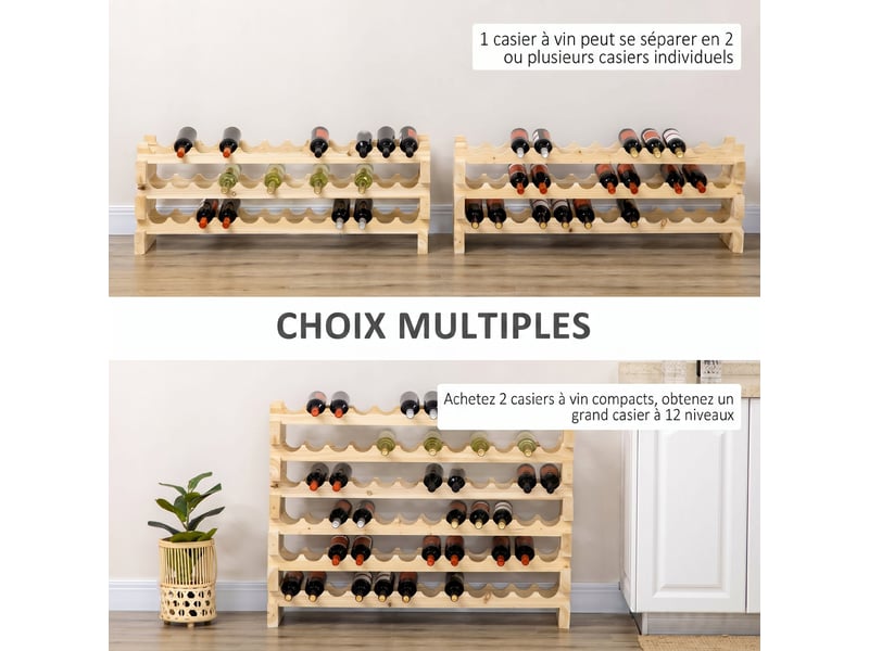 Casier à bouteilles pour 72 bouteilles, étagère à vin avec 6 niveaux modulable et superposable, casier à vin en bois de sapin massif, pour cave, bars, sous-sols, bois naturel, 114x28x85cm  - Conforama A