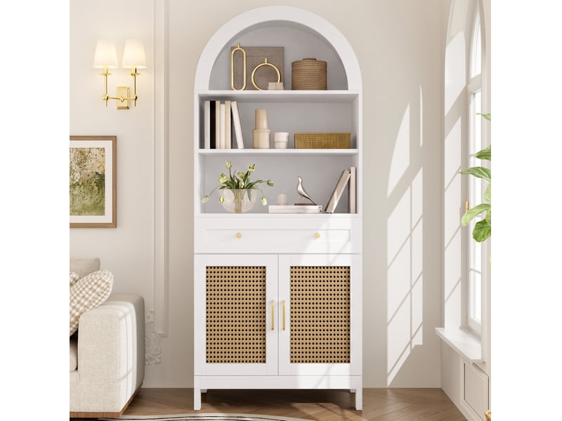 Vitrine de rangement 70 cm blanche et bois clair, portes à cannage, 3 niches et tiroir, style bohème élégant - Conforama E