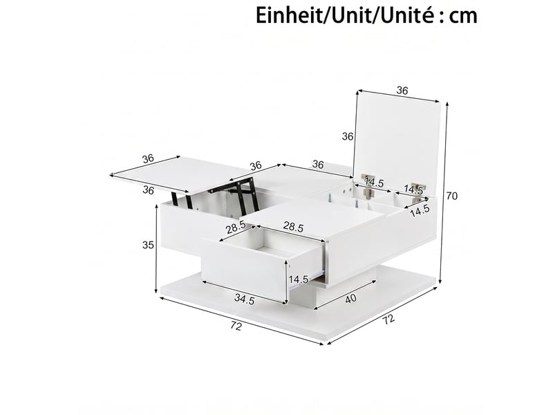 Table basse relevable 72x72x35 cm avec led et rangements blanc brillant - Conforama C