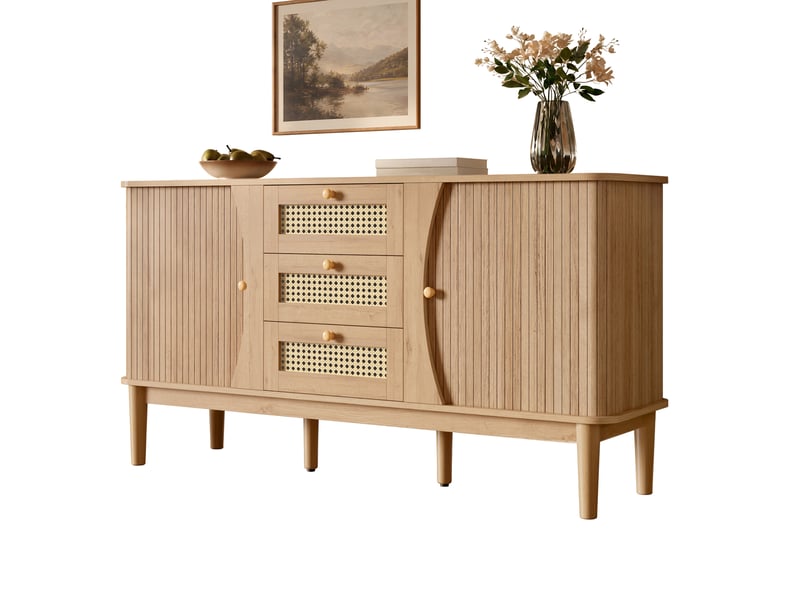  Buffet 141x40x77 cm avec 2 portes coulissantes et 3 tiroirs en mdf couleur naturel, design simple  - Conforama A