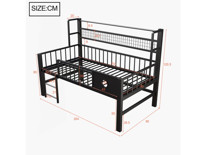  Lit mezzanine bas enfant 90 x 200 cm en métal avec rangement et étagère, noir  - Conforama C