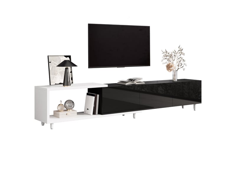  Meuble tv extensible 258 x 38 x 48,5 cm, 3 portes brillantes, noir et blanc  - Conforama A