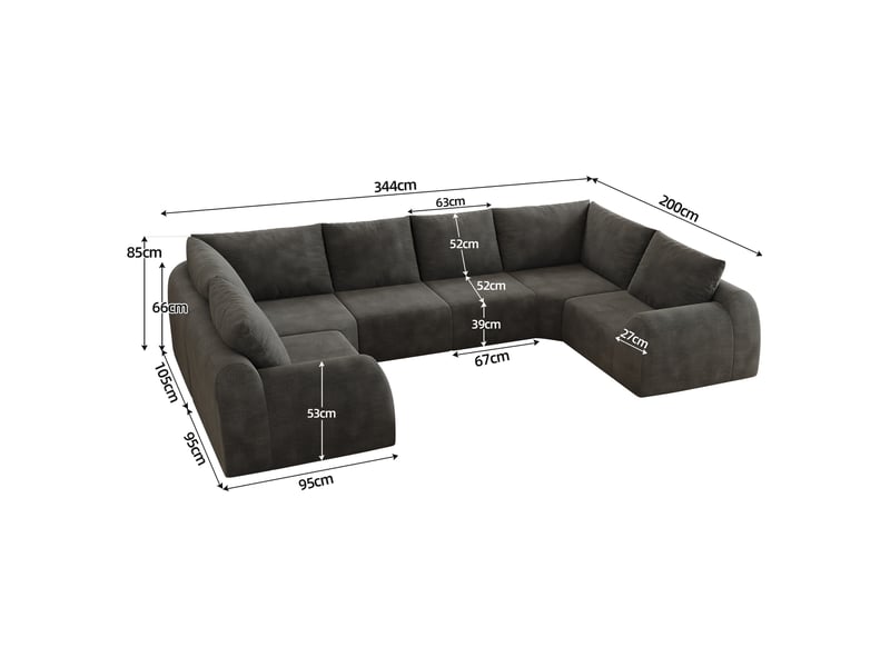  Canapé 6 places panoramique en u - 344x200x85cm - canapé salon mousse haute résilience avec tissu chenille - gris foncé  - Conforama D