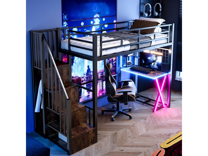  Lit mezzanine 90 x 200 cm avec bureau et armoire, échelle de rangement, éclairage led, structure en métal et mdf noir  - Conforama D