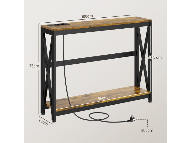  Console d'entrée style industriel avec prises électriques et usb, bois et acier, 100 x 24 x 75 cm, marron  - Conforama E
