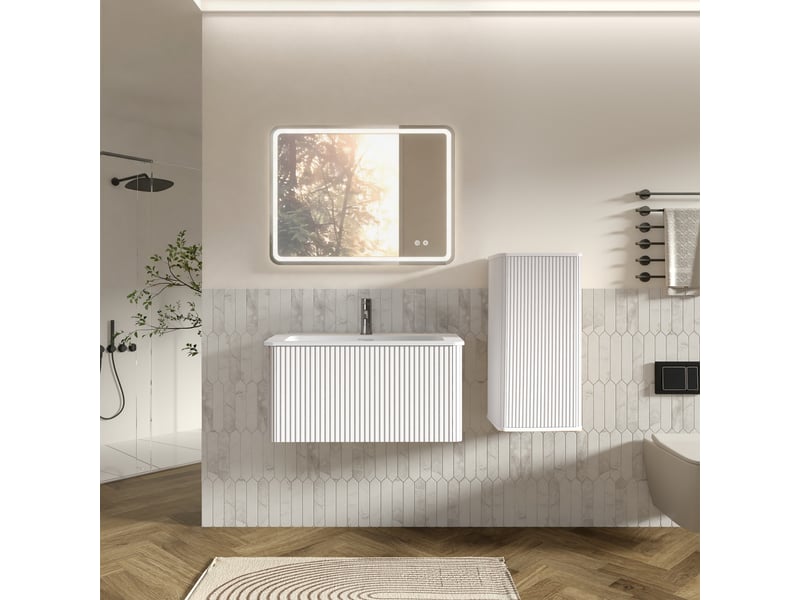 Ensemble meuble salle de bain avec vasque 60 cm suspendu miroir led antibuée rangement - Conforama B