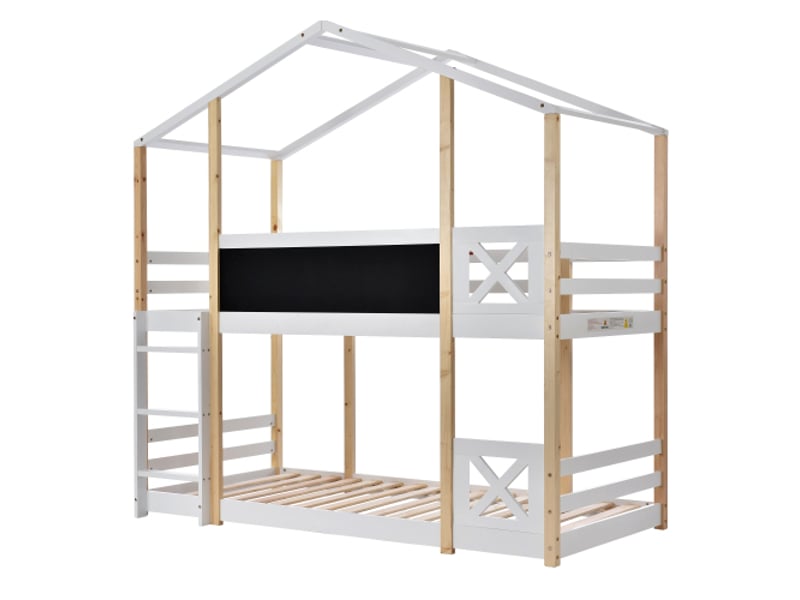  Lit superposé cabane 90x200 cm, lit simple, escalier, tableau, blanc, sans matelas  - Conforama E