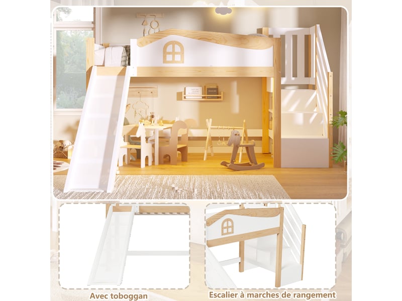  Lit mezzanine enfant 90 x 200 cm avec toboggan et escalier de rangement, éclairage led et garde-corps, barrière de sécurité, pin, blanc Morn Vibe - Conforama E
