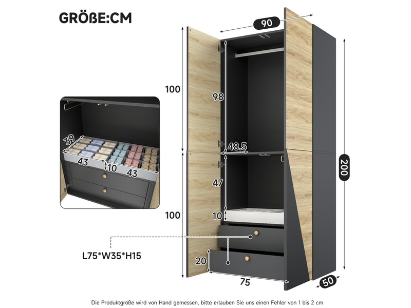  Armoire modenvie 2 portes 90 x 50 x 200 cm avec tringle, porte-pantalons, boîte de rangement et 2 tiroirs mdf gris et bois  - Conforama C