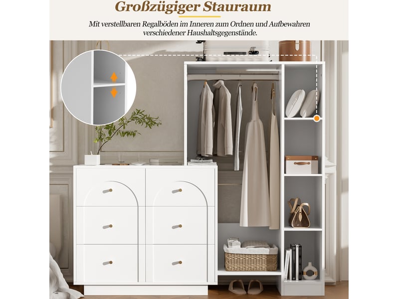  Armoire ouverte 139x35x133 cm avec penderie, 6 tiroirs et rangements blancs  - Conforama E