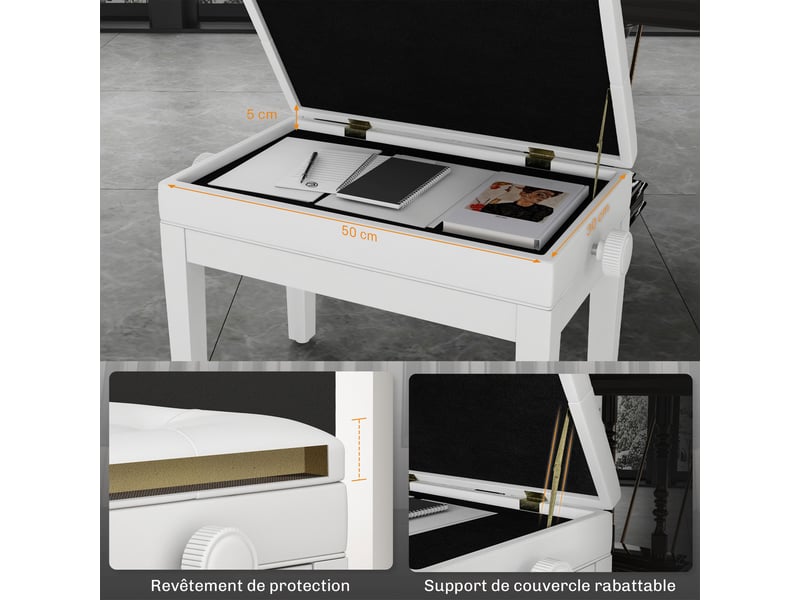  Banc de piano, banc de clavier réglable en hauteur en bois massif, compartiment de rangement, 55 x 33 x 48-58 cm blanc  - Conforama R