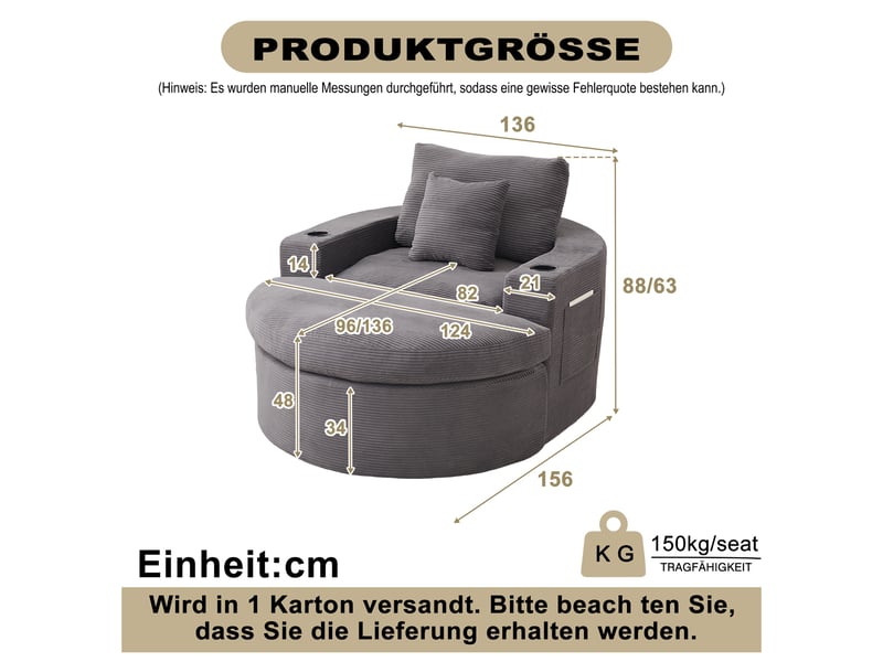  Fauteuil lounge xxl 156 x 136 x 88 cm avec pouf, rangement, porte-gobelet et double coussin, velours côtelé, mousse et ressorts, gris OMNIGLINT TRADING LTD - Conforama D