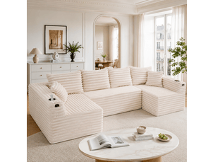 Canapé d'angle compressé panoramique fixe <strong>MODENUIT </strong> <strong></strong> 6 places Velours côtelé beige