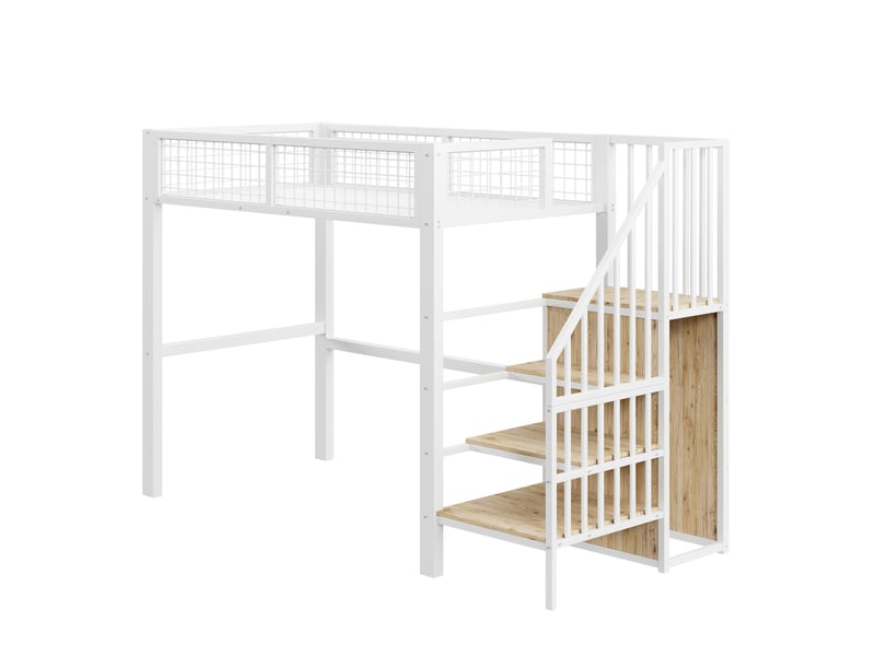  Lit mezzanine enfant 90x200 cm avec armoire intégrée et échelle, métal, blanc, sans matelas  - Conforama D