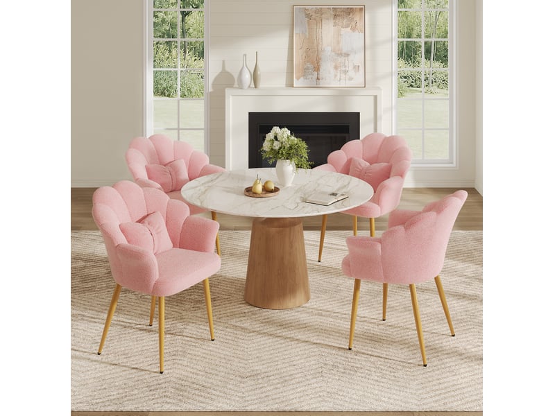  Lot de 4 fauteuils de salle à manger en tissu teddy rose, dossier en pétales  - Conforama C