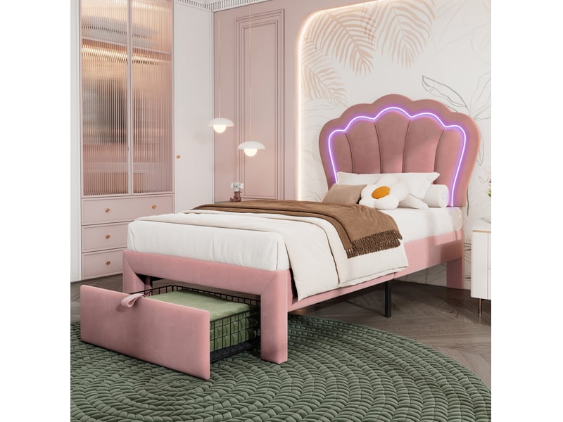  Modenvie lit enfant 90x200 cm - avec led rgb, tête de lit réglable, sommier inclus - rose  - Conforama D