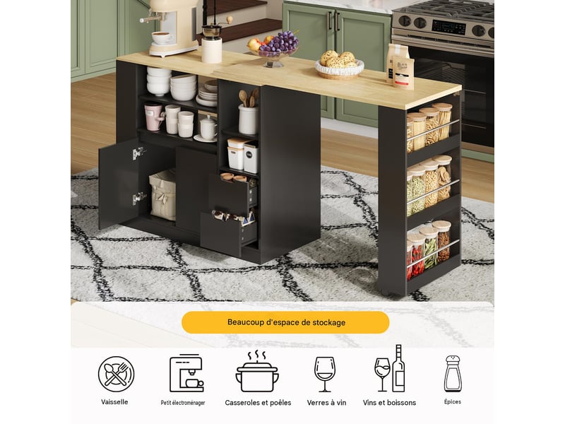  Îlot de cuisine avec plan de travail extensible mdf noir et naturel 115x50x92 cm - pangivo  - Conforama E