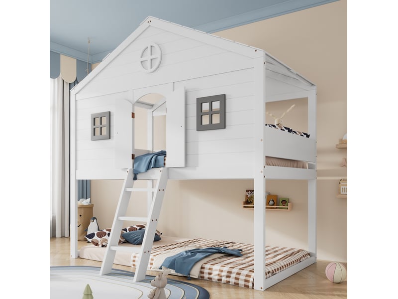  Lit mezzanine enfant 90 x 200 cm avec escalier, barrières et fenêtres grises  - Conforama D