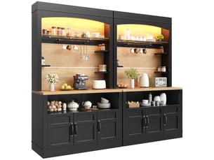 Buffet de cuisine haut en lot de 2 avec 6 portes et 6 étagères latérales, 12 crochets et éclairage led, en mdf noir