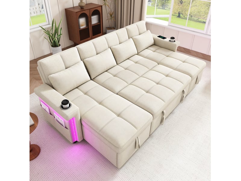  Canapé d'angle en u convertible 4 places avec rangement, led, en chenille beige  - Conforama D