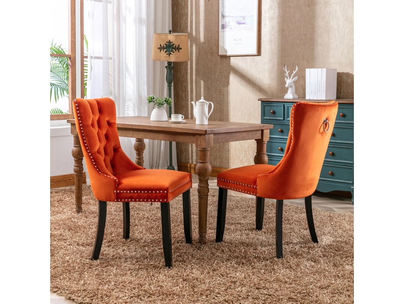  Lot de 2 chaises de salle à manger en velours orange avec pieds en bois  - Conforama B