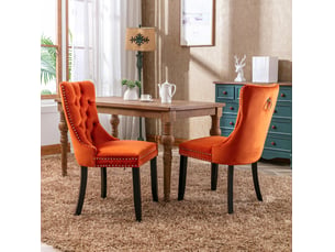 Lot de 2 chaises de salle à manger en velours orange avec pieds en bois