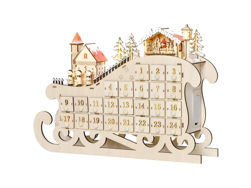  Calendrier de l'avent en bois lumineux frome de traineau - 10 lumières blanc chaud - 24 tiroirs - décoration lumineuse de noël  - Conforama B
