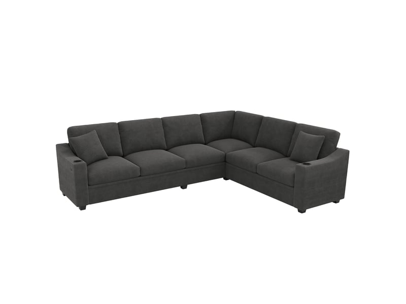  Canapé d'angle modulable 6 places en velours côtelé gris avec usbtype-c, porte-gobelets et coussins  - Conforama A