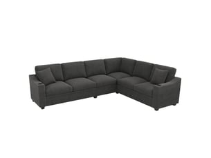 Canapé d'angle modulable 6 places en velours côtelé gris avec usbtype-c, porte-gobelets et coussins