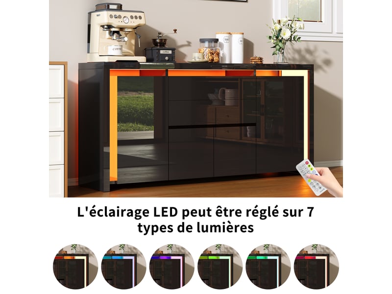  Buffet cuisine avec éclairage led, armoire de rangement avec 4 portes 2 tiroirs, buffet salon meuble salle à manger, 160 x 35 x 75 cm  - Conforama E
