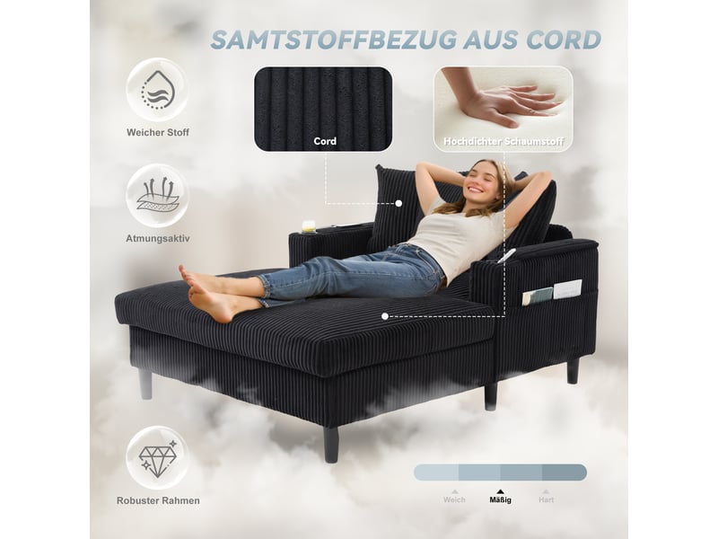  Canapé convertible en velours côtelé noir avec led, port usb et coffre de rangement intégré 129x170 cm  - Conforama D