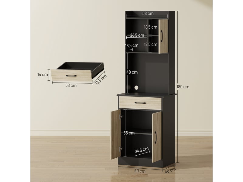  Buffet de cuisine haut, meuble de cuisine, tiroir, 3 portes, étagères ouvertes, plan de travail, 60 x 40 x 180 cm, bois naturel  - Conforama E