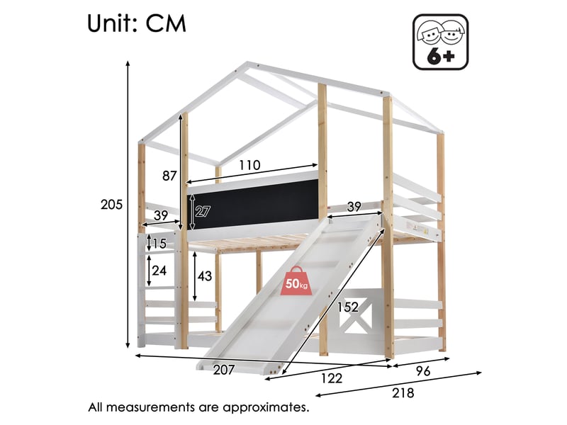  Lit cabane avec toboggan et échelle 90x200 cm, lit enfant blanc et nature en bois massif avec sommier  - Conforama C