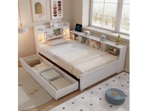 Lit avec rangement 90x200 blanc, tête de lit avec étagère, 2 lampes, prise et tiroirs evryae