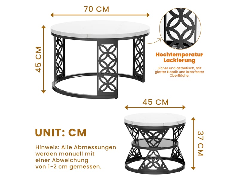  Tables gigognes rondes 70 et 45 cm, plateau blanc et pieds noir mat, style scandinave épuré  - Conforama C