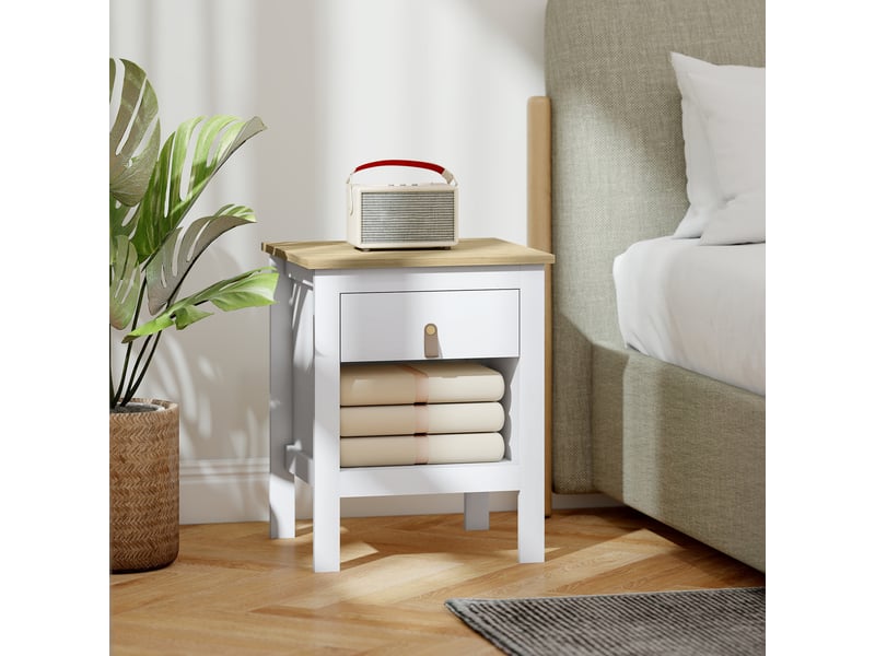  Table de chevet avec 1 tiroir, compartiment ouvert, poignée en pu, table d'appoint pour salon ou chambre, 45 x 40 x 55 cm, blanche  - Conforama D