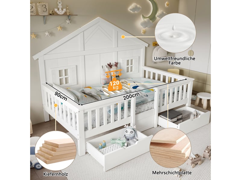  Lit cabane enfant 90x200 cm avec 2 tiroirs à roulettes, fenêtres, sommier à lattes, pinmdf blanc Bubbly - Conforama E